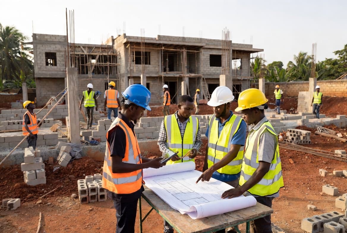 A project manager and his team reviewing architectural plans on site
