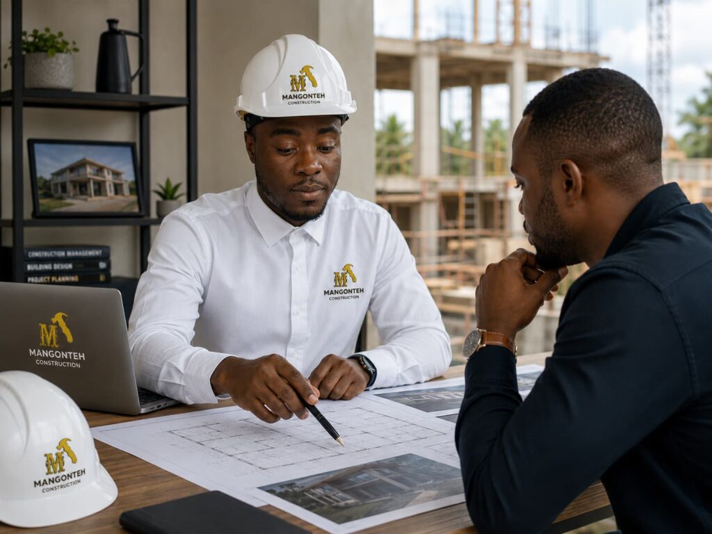 Mangonteh Construction professional discussing building plans with a client in Yaoundé